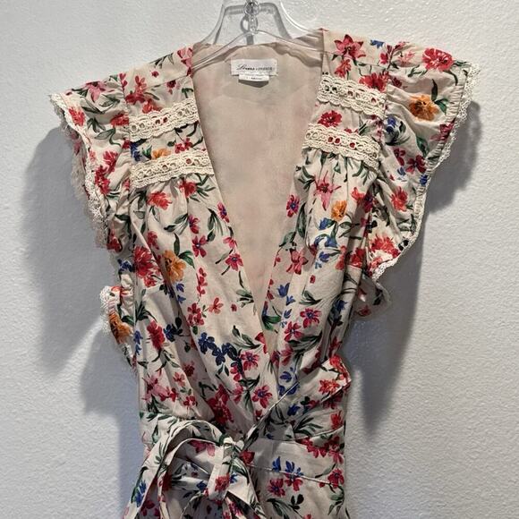Lovers + Friends Size Small Jill Floral Print Wrap Mini Dress Crochet Trim READ - Picture 3 of 11